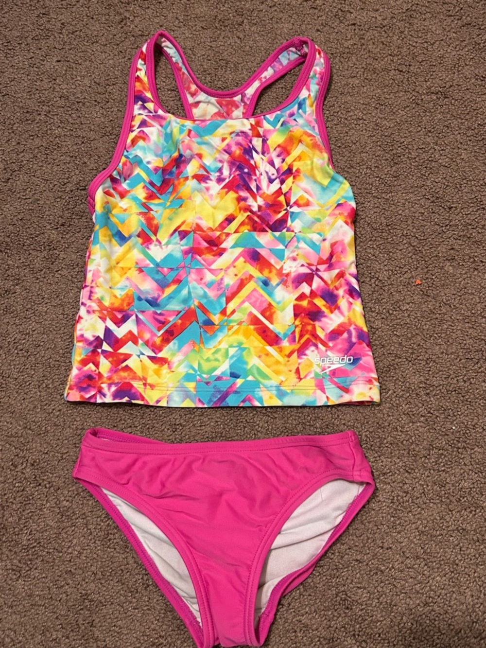 Speedo Girls Multi-Color Patterned Tankini with Bright Pink Bottoms